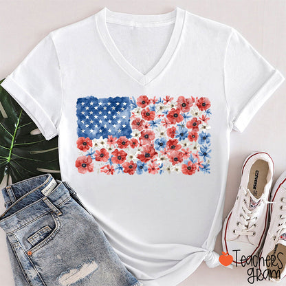 Vintage Floral USA Flag Teacher Female V-Neck T-Shirt