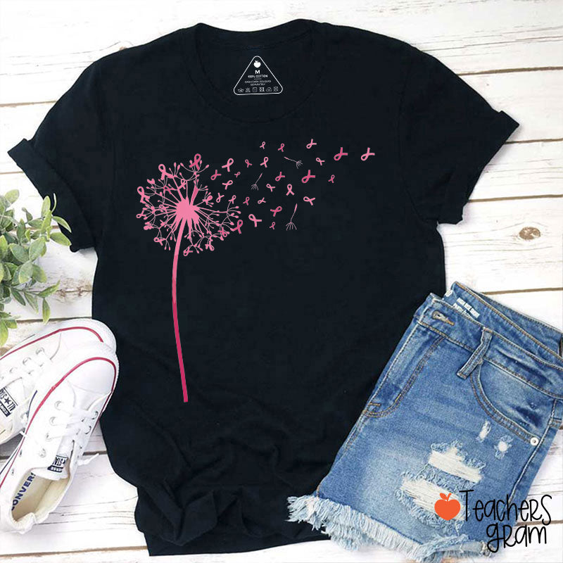 Pink Dandelion Floating Ribbon Inspirational Floral Teacher T-Shirt