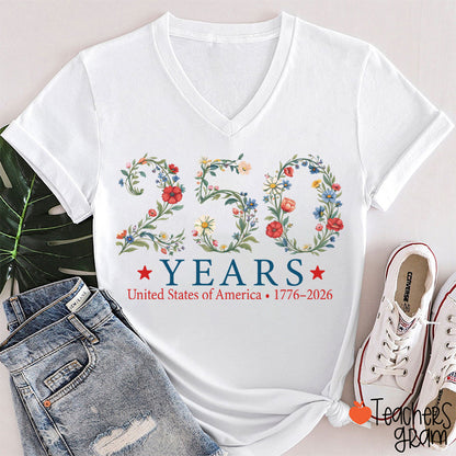 USA 250th Anniversary Floral Teacher Female V-Neck T-Shirt