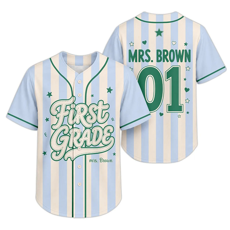Personalized Grade Striped Star Heart Print Teacher Baseball Jersey