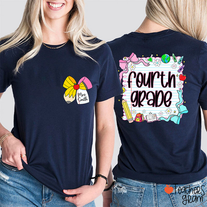 Personalized Grade And Name Pencil Bow Notebook Teacher Two Sided T-Shirt