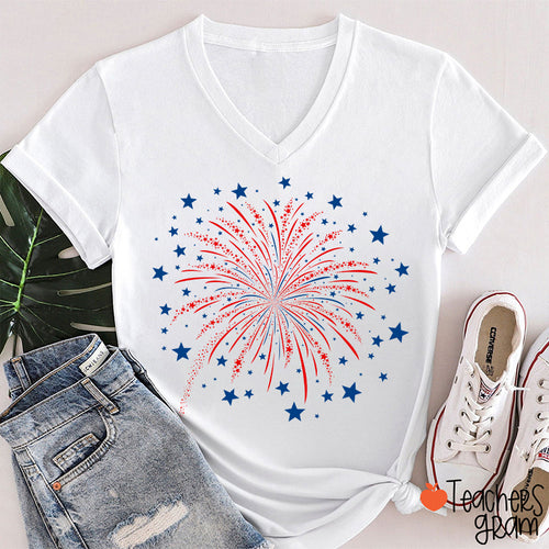 4th Of July Firework Teacher Female V-Neck T-Shirt