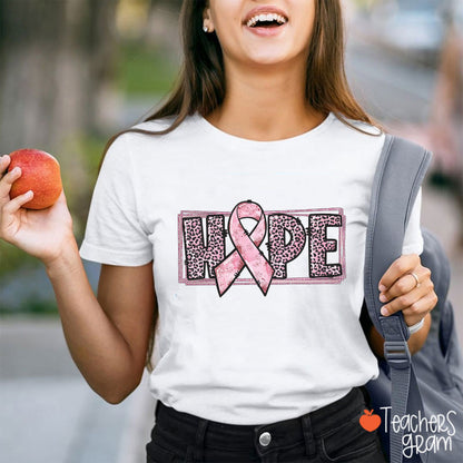 Leopard Print Hope Breast Cancer Ribbon Design Teacher T-Shirt