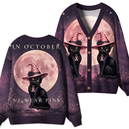 In October We Wear Pink Witch Cat Teacher Ugly Cardigan Sweaters