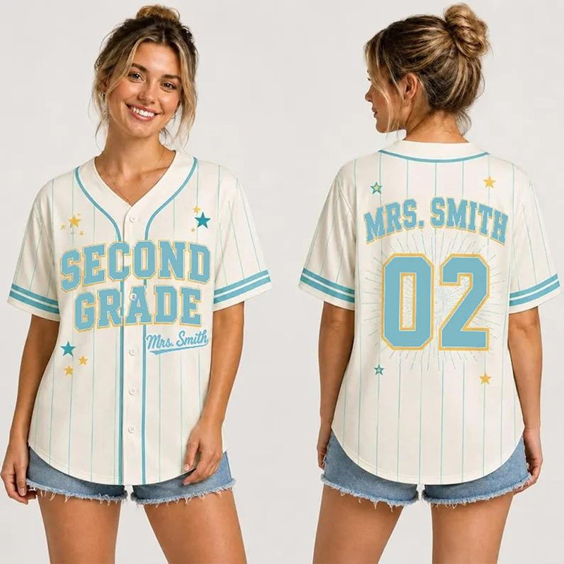 Personalized Grade And Name Preppy Pinstripe Star First Day Teacher Baseball Jersey