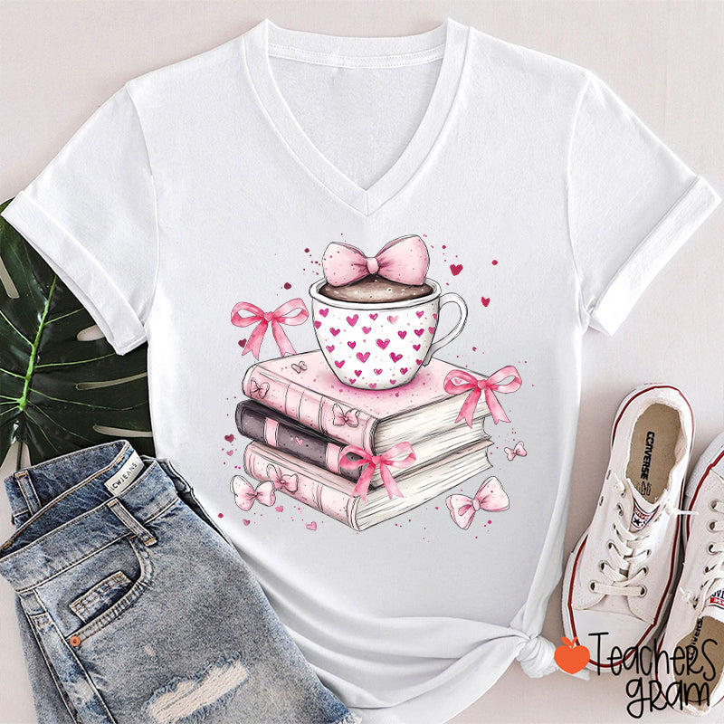 Coffee Books Valentines Day Teacher Female V-Neck T-Shirt