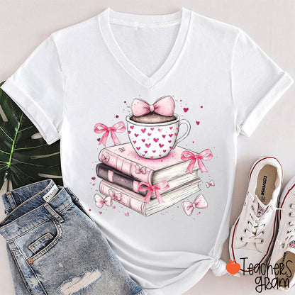Coffee Books Valentines Day Teacher Female V-Neck T-Shirt