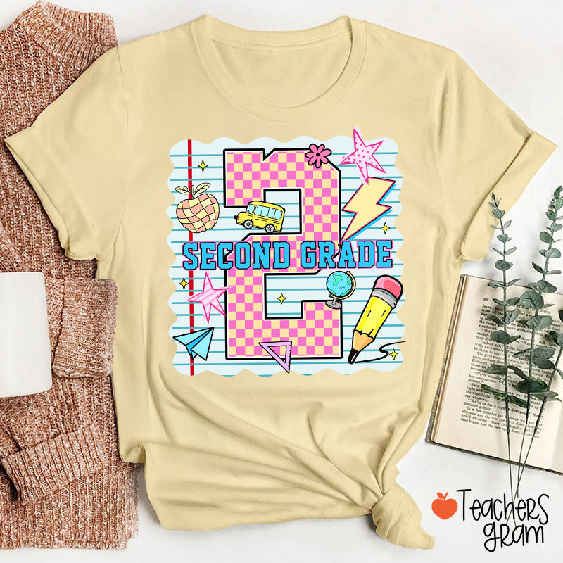 Personalized Pink Plaid And Notebook Style Teacher T-Shirt