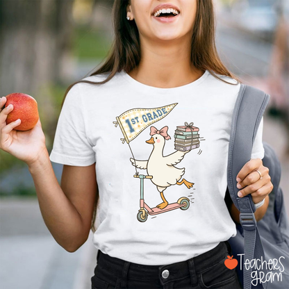 Personalized Grade Scooter Silly Goose Pennant Book Stack Teacher T-Shirt