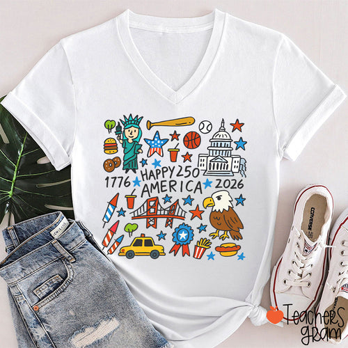 USA 250th Anniversary Teacher Female V-Neck T-Shirt
