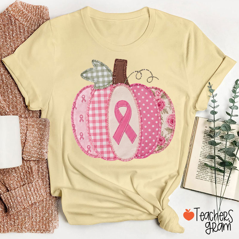 Pink Faux Patchwork Pumpkin Ribbon Teacher T-Shirt