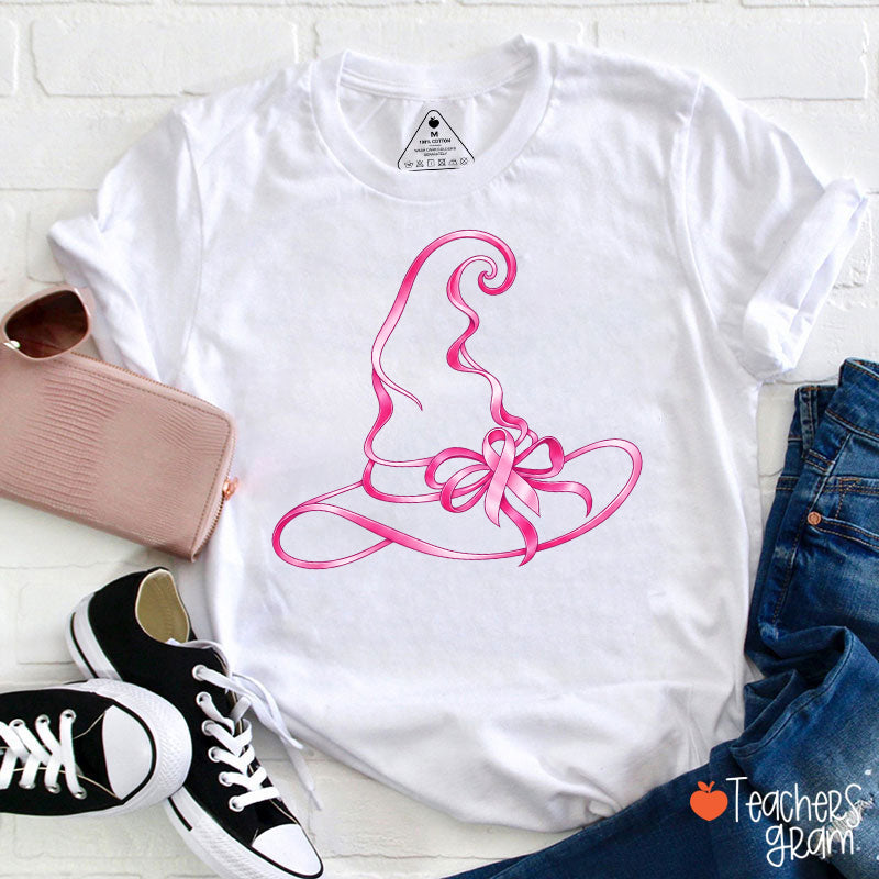 Halloween Witch Hat Pink Ribbon Breast Cancer Support Teacher T-Shirt
