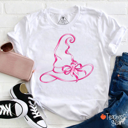 Halloween Witch Hat Pink Ribbon Breast Cancer Support Teacher T-Shirt