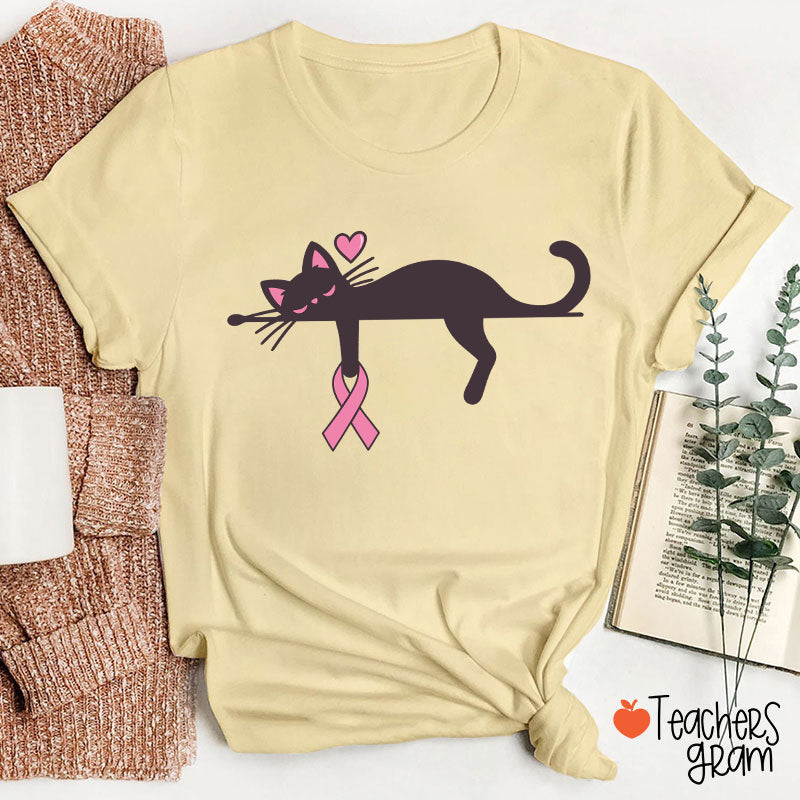 Black Cat With Pink Ribbon Awareness Teacher T-Shirt