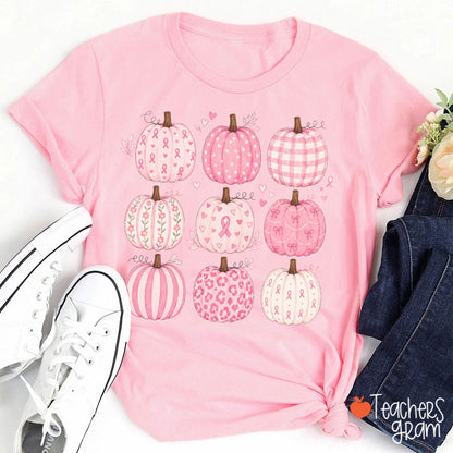 Pink Ribbon Breast Cancer Awareness Grid Pumpkin Teacher T-Shirt