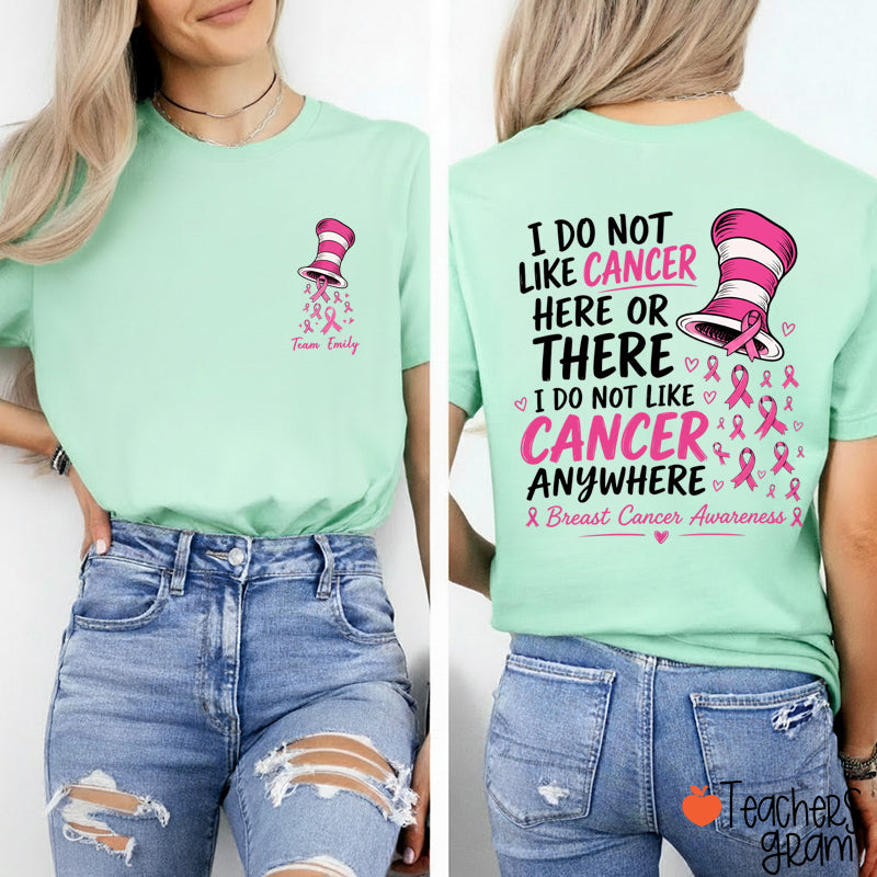 Personalized Team Name Pink Ribbon Striped Hat Teacher Two Sided T-Shirt