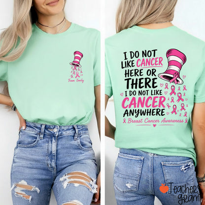 Personalized Team Name Pink Ribbon Striped Hat Teacher Two Sided T-Shirt