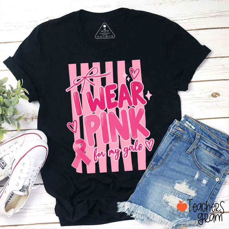 Personalized I Wear Pink For My People Striped Pink Ribbon Teacher T-Shirt