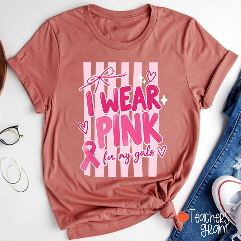 Personalized I Wear Pink For My People Striped Pink Ribbon Teacher T-Shirt