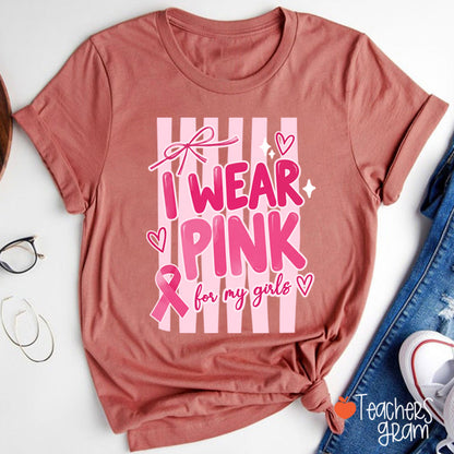 Personalized I Wear Pink For My People Striped Pink Ribbon Teacher T-Shirt