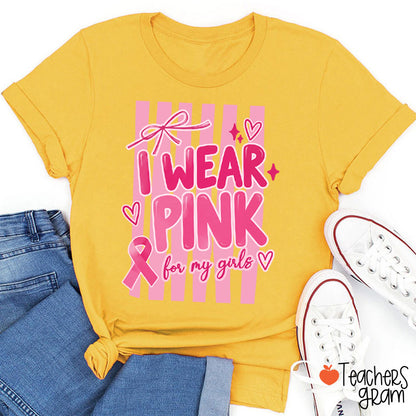 Personalized I Wear Pink For My People Striped Pink Ribbon Teacher T-Shirt