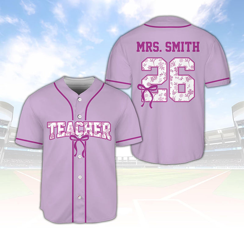 Personalized Name And Grade Floral Letter Coquette Bow Teacher Baseball Jersey