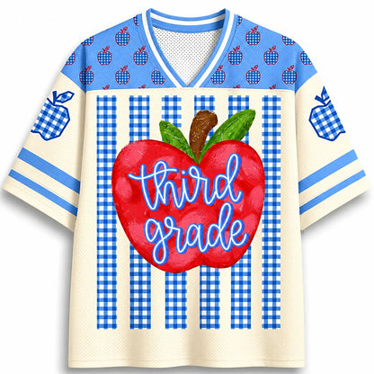 Personalized Grade Apple Gingham Stripe Teacher Mesh Jersey