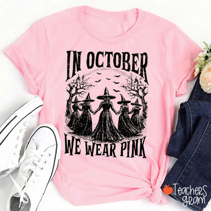 In October We Wear Pink Vintage Witch Crew Night Bat Tree Teacher T-Shirt
