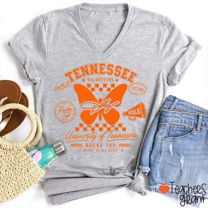 Volunteers Rocky Top Dolly Butterfly Teacher V-Neck T-Shirt