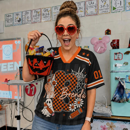 Personalized Name And Initials Halloween Vibes Teacher Mesh Jersey