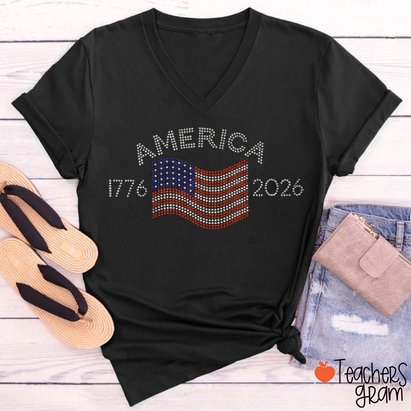 USA 250th Rhinestone Flag Teacher Female V-Neck T-Shirt