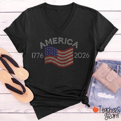 USA 250th Rhinestone Flag Teacher Female V-Neck T-Shirt