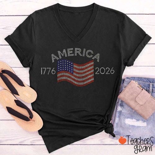 USA 250th Rhinestone Flag Teacher Female V-Neck T-Shirt
