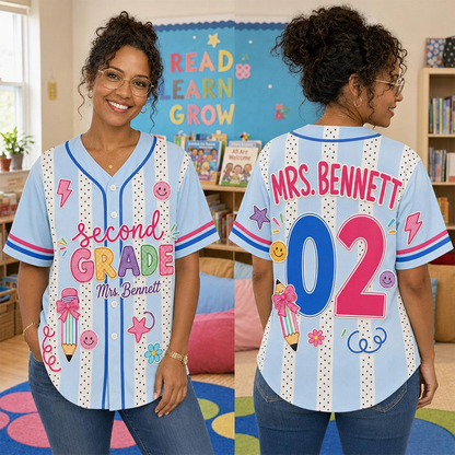 Personalized Grade Striped Polka Dot Stationery Print Teacher Baseball Jersey