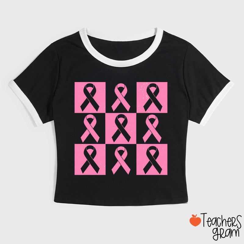Pink Ribbon Breast Cancer Awareness Teacher Ringer T-Shirt