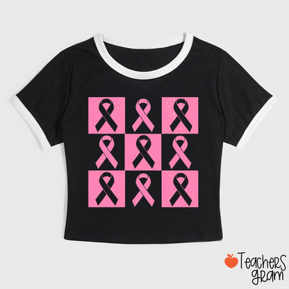 Pink Ribbon Breast Cancer Awareness Teacher Ringer T-Shirt
