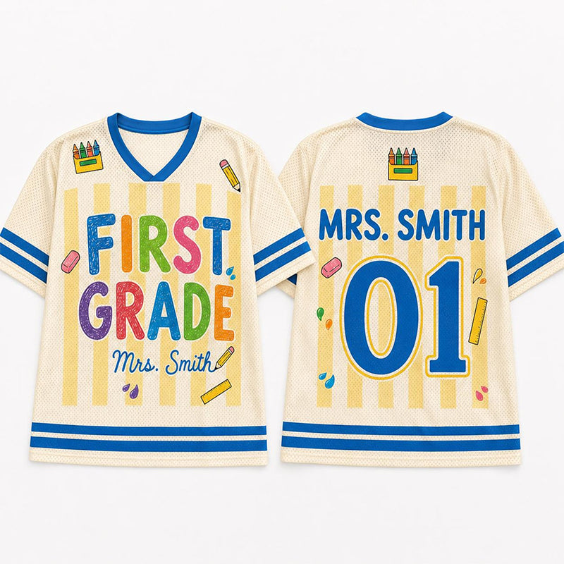 Personalized Grade And Name Preppy Yellow Stripes Crayon First Day Teacher Mesh Jersey