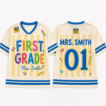 Personalized Grade And Name Preppy Yellow Stripes Crayon First Day Teacher Mesh Jersey
