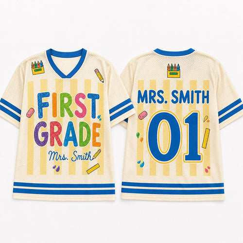 Personalized Grade And Name Preppy Yellow Stripes Crayon First Day Teacher Mesh Jersey