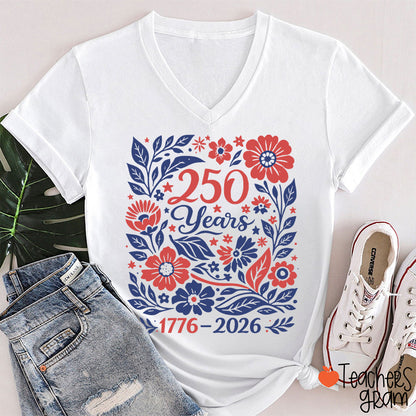 Floral 250 Years 1776 To 2026 Teacher Female V-Neck T-Shirt