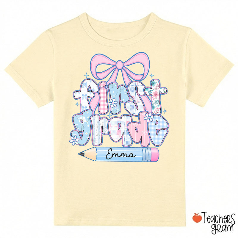 Personalized Grade Name Plaid Bow Pencil Class T‑Shirt