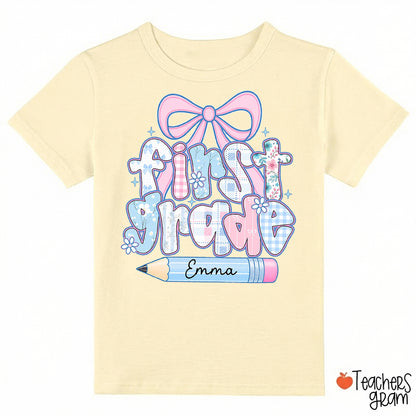 Personalized Grade Name Plaid Bow Pencil Class T‑Shirt