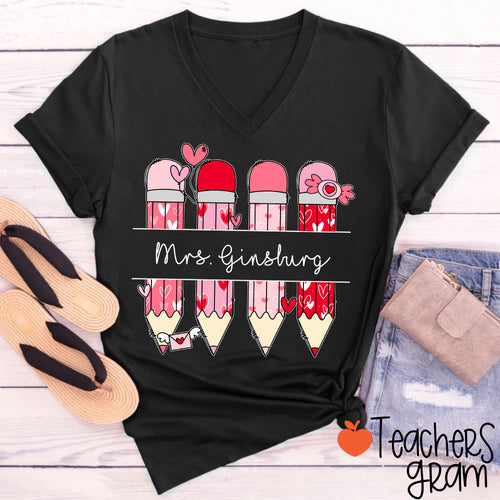 Personalized Pink Pencil Name Teacher Female V-Neck T-Shirt