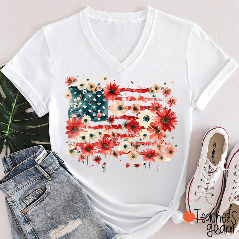 American Flag Floral Teacher Female V-Neck T-Shirt