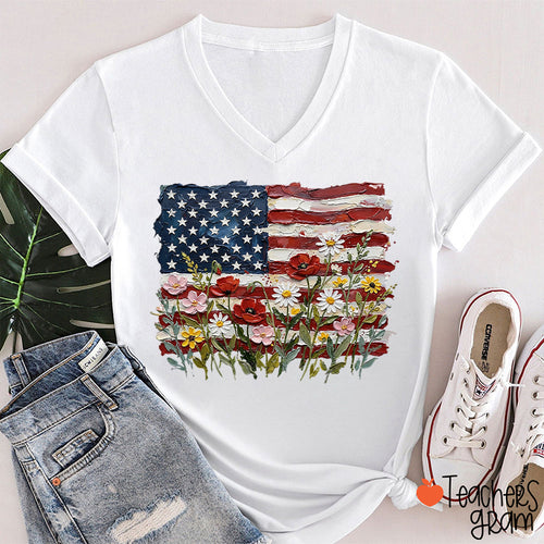 American Flag Floral Teacher Female V-Neck T-Shirt