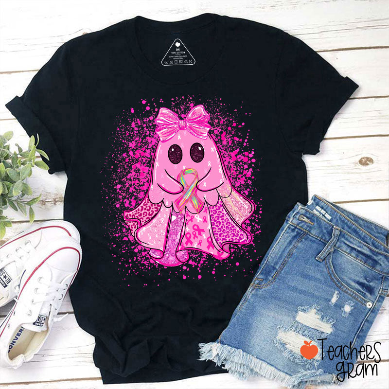 Cute Pink Ghost Bow Ribbon Leopard Glitter Halloween Teacher T-Shirt