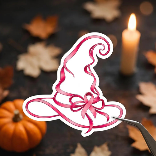 Halloween Witch Hat Pink Awareness Ribbon Bow Teacher Stickers