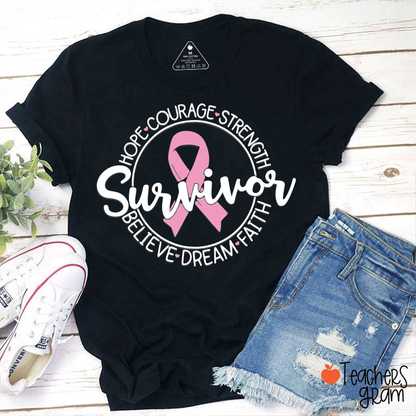 Survivor Pink Ribbon Hope Breast Cancer Awareness Teacher T-Shirt