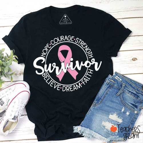 Survivor Pink Ribbon Hope Breast Cancer Awareness Teacher T-Shirt