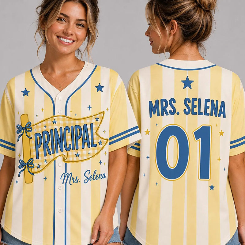 Personalized Grade And Name Gingham Pennant Teacher Baseball Jersey